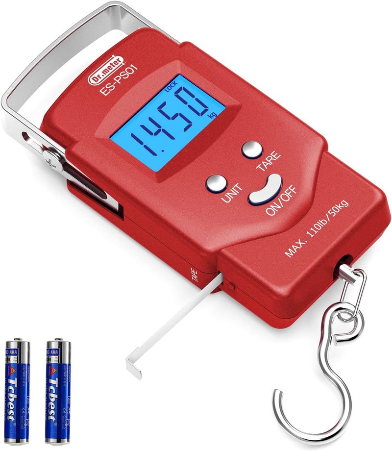 Dr.Meter Fish Scale Luggage Scale Fishing Gear - 110lb Backlit LCD Display Digital Scale with Built-in Measuring Tape - Fishing Scale with 2 AAA Batteries, Pocket Size - Fishing Gifts for Men - Image 1